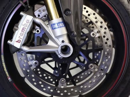 A Brembo brake disc is seen on a motorbike in downtown Rome August 4, 2014. REUTERS/Stefano Rellandini