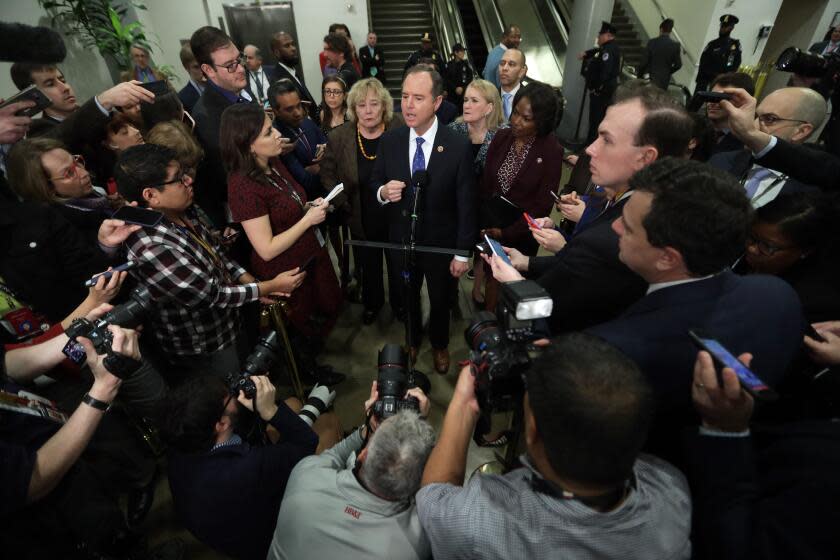 WASHINGTON, DC - JANUARY 27: House impeachment managers, Rep. Adam Schiff (D-CA) speaks to members of the media as Rep. Zoe Lofgren (D-CA), Rep. Sylvia Garcia (D-TX), Rep. Hakeem Jeffries (D-NY), and Rep. Val Demings (D-FL) listen prior to the Senate impeachment trial at the U.S. Capitol January 27, 2020 in Washington, DC. The defense team will continue its arguments on day six of the Senate impeachment trial against President Donald Trump. (Photo by Alex Wong/Getty Images) ***BESTPIX*** ** OUTS - ELSENT, FPG, CM - OUTS * NM, PH, VA if sourced by CT, LA or MoD **