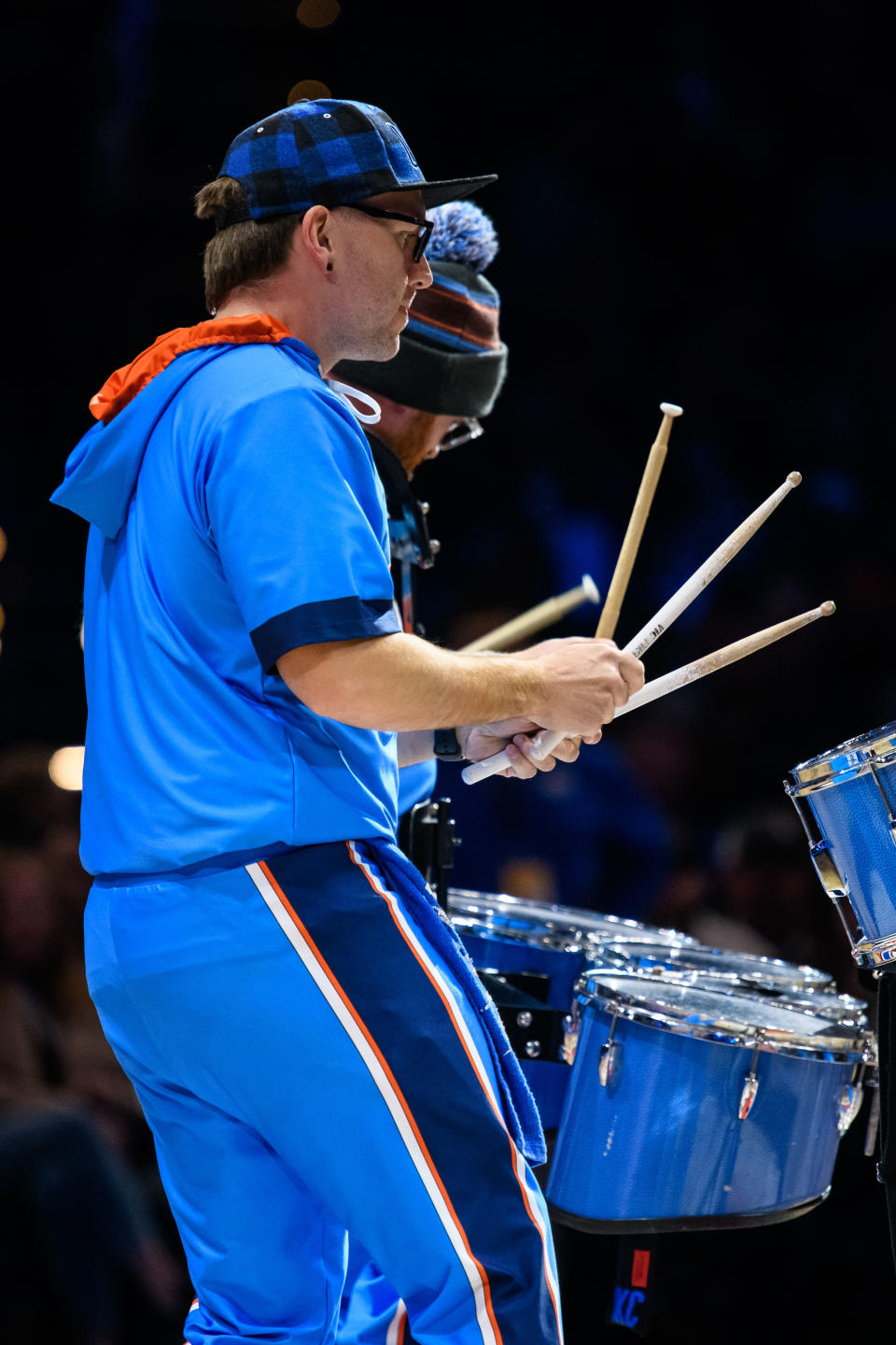 Oct 17, 2023; Oklahoma City, Oklahoma, USA; Oklahoma City Thunder dummers perform during a time out in the game against the Milwaukee Bucks Paycom Center. Mandatory Credit: Rob Ferguson-USA TODAY Sports