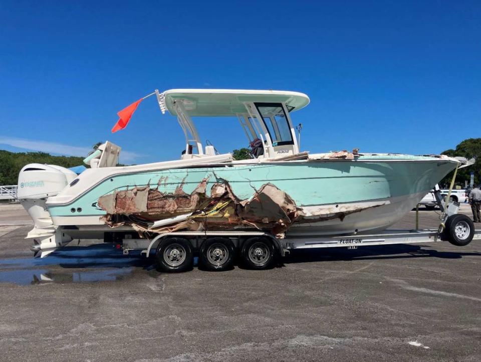 Damage to the 29-foot Robalo piloted by George Pino, who crashed his boat into a concrete channel marker in Biscayne Bay on Sept. 4, 2022. The boat crash led to the death of Luciana ‘Lucy’ Fernandez, a 17-year-old student at Our Lady of Lourdes Academy, and severely injured her classmate, Katerina Puig.