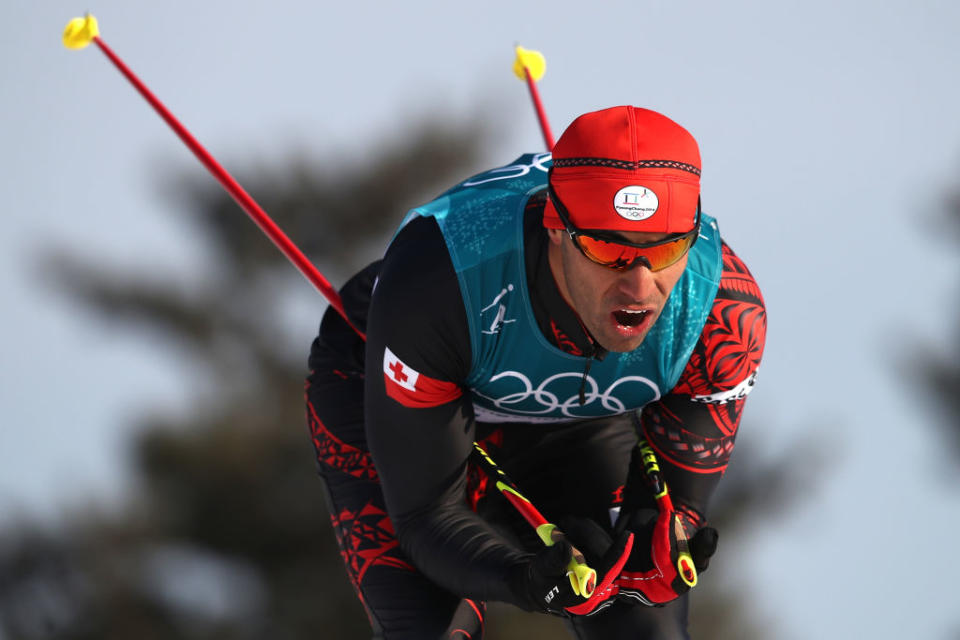 Pita Taufatofua during the Cross-Country Skiing Men's 15km Free at Alpensia Cross-Country Centre on February 16, 2018 in Pyeongchang-gun, South Korea.