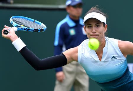 FILE PHOTO: Mar 12, 2019; Indian Wells, CA, USA; Garbine Muguruza (ESP) in her fourth round match as she defeated Kiki Bertens (not pictured) in the BNP Paribas Open at the Indian Wells Tennis Garden. Mandatory Credit: Jayne Kamin-Oncea-USA TODAY Sports