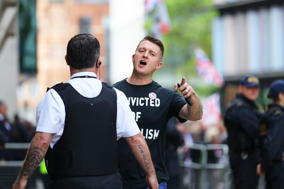 Tommy Robinson arrives for his sentencing at the Old Bailey in London.