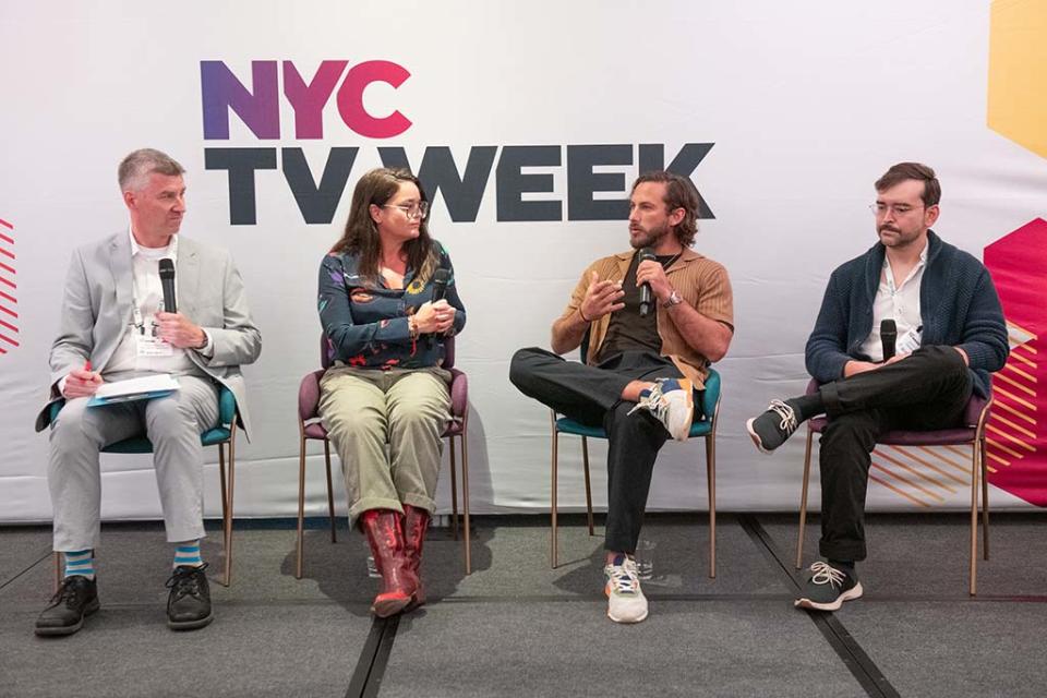 The “From Concept, to Casting, to Streamed Content” panel dug deep into the development of Prime Video’s “Como Sobrevivir Soltero“ (l. to r.): Michael Malone, senior content producer, programming, B+C Multichannel News; Javiera Balmaceda, Amazon Studios; show creator and star Sebastián Zurita; and Jaime Dávila, Campanario.