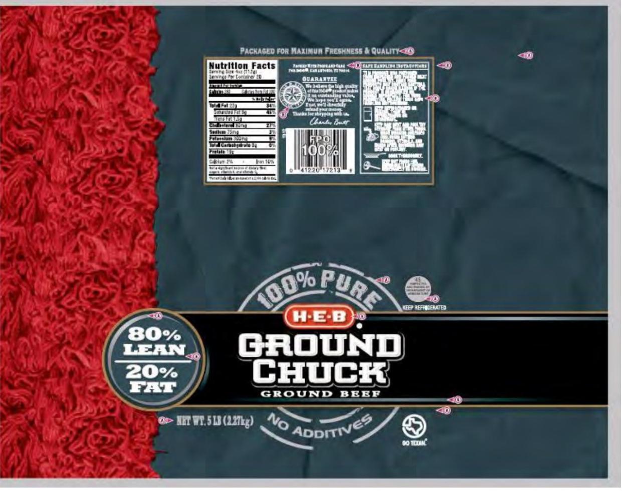 A label for H-E-B 80% Lean/20% Fat ground chuck, which has been recalled by Tyson Foods. The product -- among 94,000 pounds recalled because it may be contaminated with foreign matter, specifically hard mirror-like material -- was sold at Texas retailers H-E-B, Joe V's, Mi Tienda, and Central Market stores.