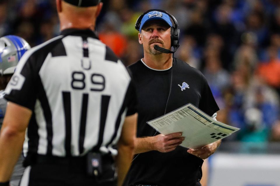 Detroit Lions head coach Dan Campbell watches a replay at a timeout against the Miami Dolphins during the first half at Ford Field in Detroit on Sunday, Oct. 30, 2022.