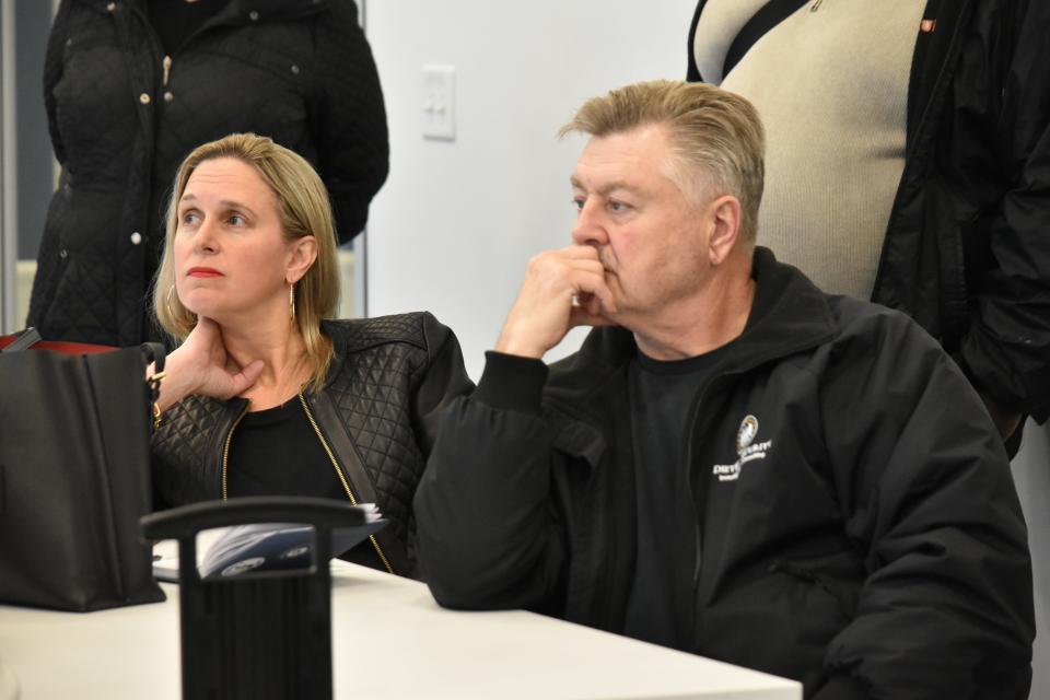 St. Joseph County councilwoman Amy Drake and St. Joseph County commissioner Derek Dieter attend a press conference Friday, Jan. 26, 2024, to share their concerns about a low-barrier homeless shelter planned for South Bend's northwest side.