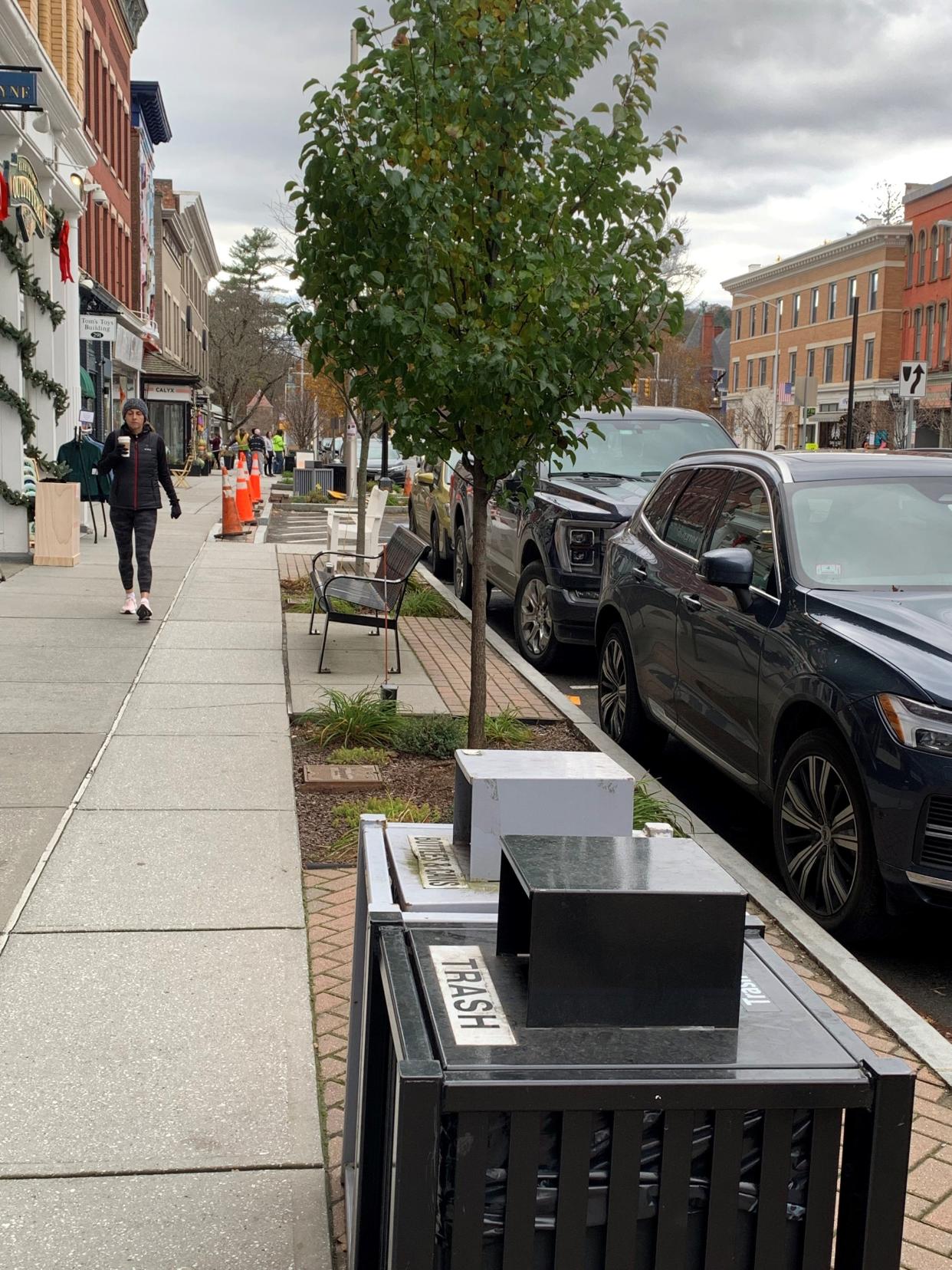 A pedestrian area along U.S. 7 (Main Street) in Great Barrington, Massachusetts, is shown looking north Nov. 14, 2023. Efforts to put the street on a "road diet" were defeated, but other safety measures, such as signalizing crosswalks, have been implemented.