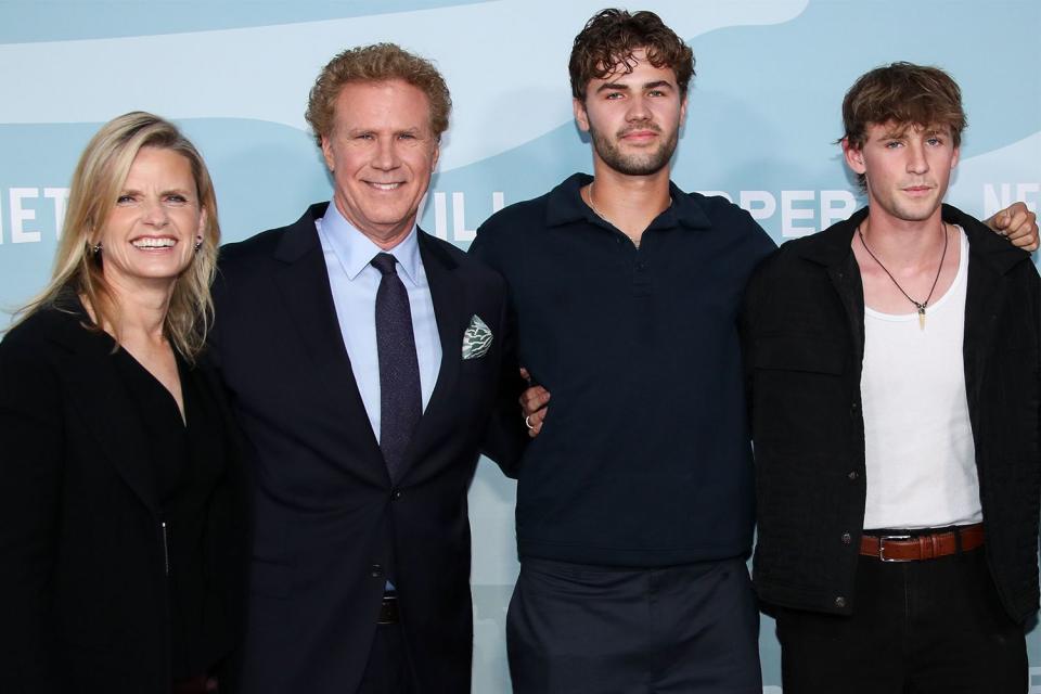 <p>Matt Baron/BEI/Shutterstock </p> Viveca Paulin, Will Ferrell, Marrias Paulin Ferrell and Magnus Paulin Ferrell at the premiere of 