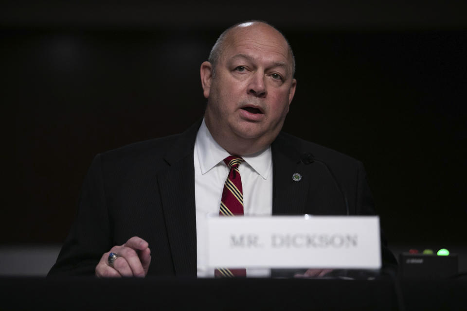 Federal Aviation Administration administrator Stephen Dickson testifies during a hearing of the Senate Commerce, Science, and Transportation Committee on Capitol Hill on Wednesday, June 17, 2020, in Washington. (Graeme Jennings/Pool via AP)