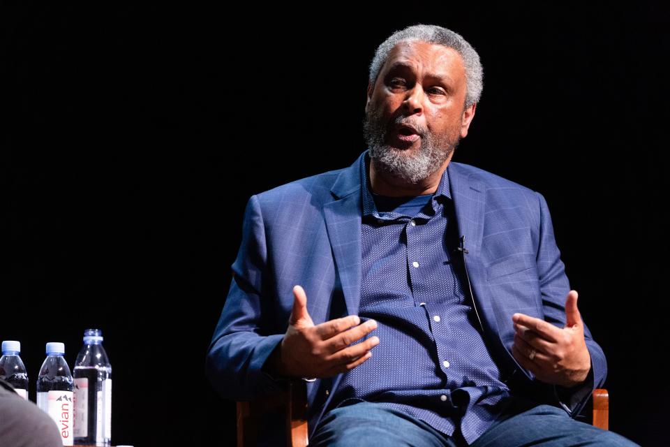 Actor Kevin Willmott talks during a roundtable discussion hosted by Kansas State University in 2022. Willmott is advocating that Kansas reinstate a tax credit for TV and film productions.