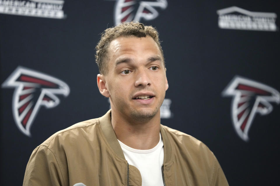 Atlanta Falcons quarterback Desmond Ridder talks after an NFL football game against the Detroit Lions in Detroit, Sunday, Sept. 24, 2023. (AP Photo/Paul Sancya)