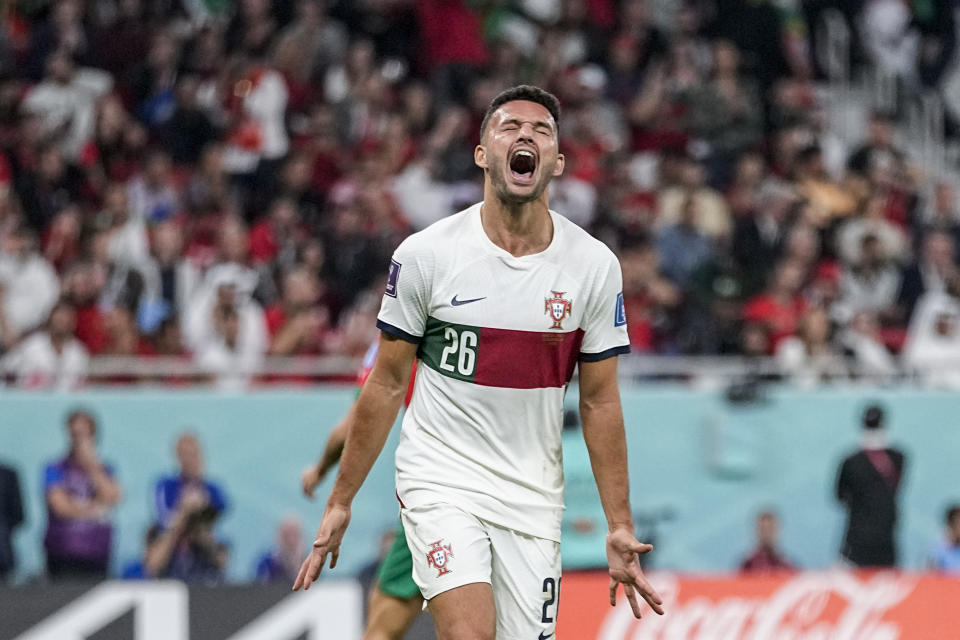 Portugal's Goncalo Ramos reacts during the World Cup quarterfinal soccer match between Morocco and Portugal, at Al Thumama Stadium in Doha, Qatar, Saturday, Dec. 10, 2022. (AP Photo/Ariel Schalit)
