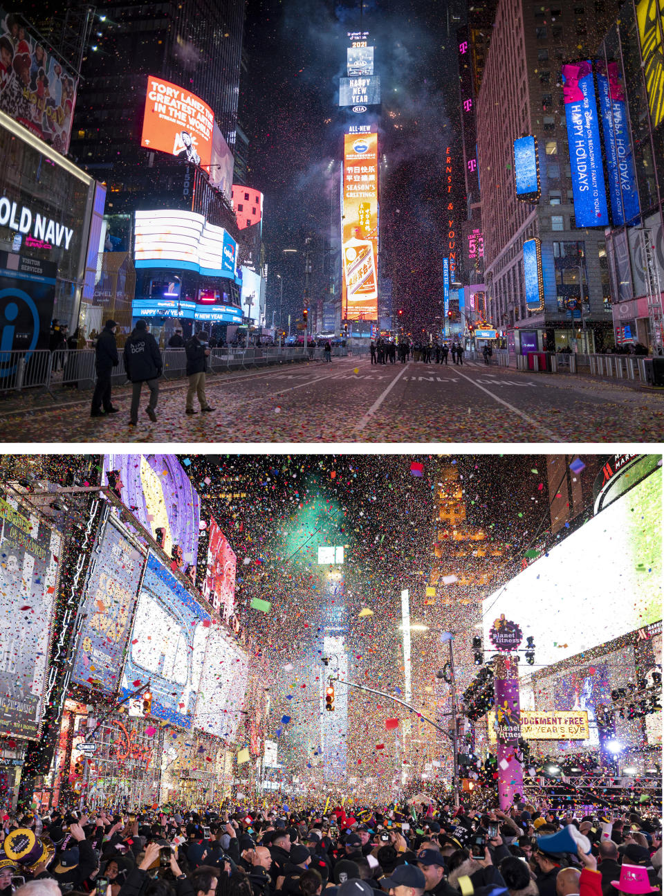 A combo of images shows an almost empty Times Square, top, in the early hours of Friday, Jan. 1, 2021 in New York and the same location taken on Jan. 1, 2020 packed with revelers celebrating the New Year. As the world says goodbye to 2020, there will be countdowns and live performances, but no massed jubilant crowds in traditional gathering spots like the Champs Elysees in Paris and New York City's Times Square this New Year's Eve. The virus that ruined 2020 has led to cancelations of most fireworks displays and public events in favor of made-for-TV-only moments in party spots like London and Rio de Janeiro. (AP Photo/Craig Rutte, Ben Hider)