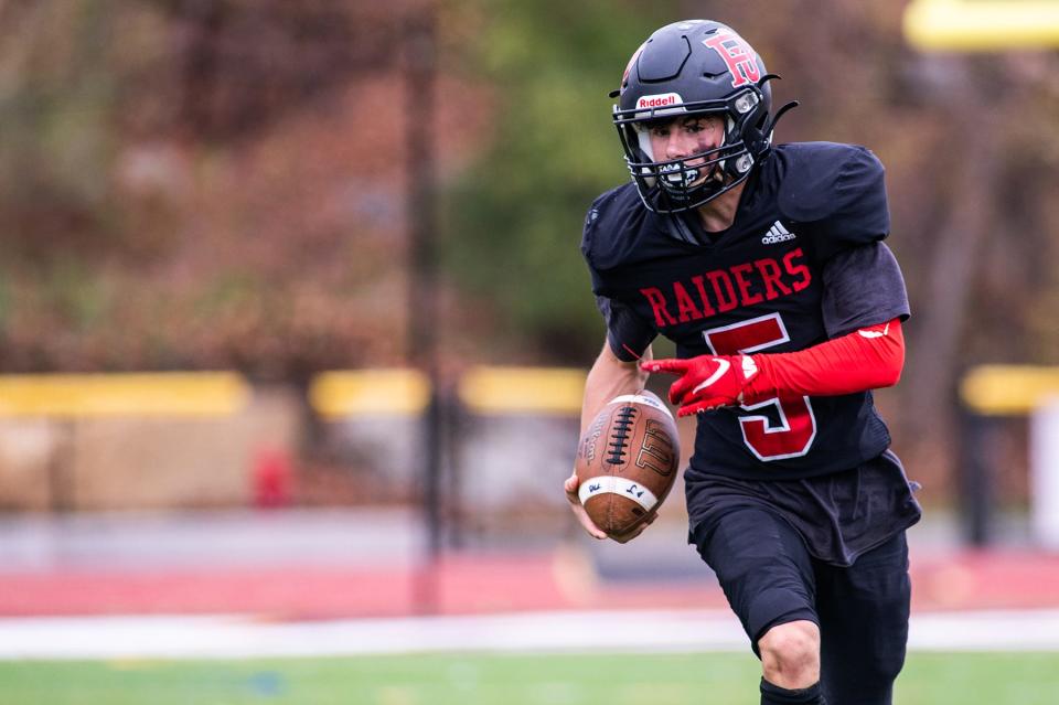 Port's Anthony Theodore drives up field during the Section 9 class B football championship football game at James I O'Neill High School in Highland Falls, NY on Friday, November 11, 2022. Port Jervis defeated New Paltz 34-7.