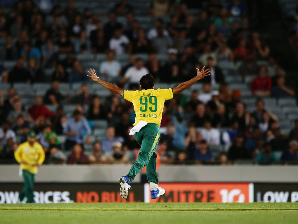 Imran Tahir celebrates after securing victory for his side: Getty