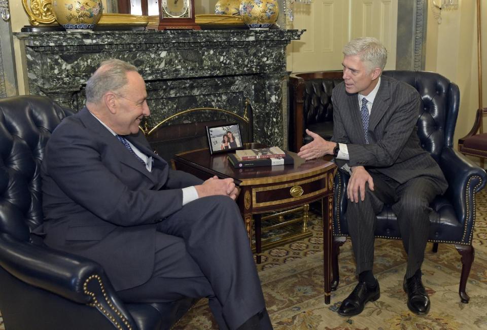 Senate Minority Leader Charles Schumer of N.Y. meets with Supreme Court nominee Neil Gorsuch on Capitol Hill in Washington, Tuesday, Feb. 7, 2017. (AP Photo/Susan Walsh)