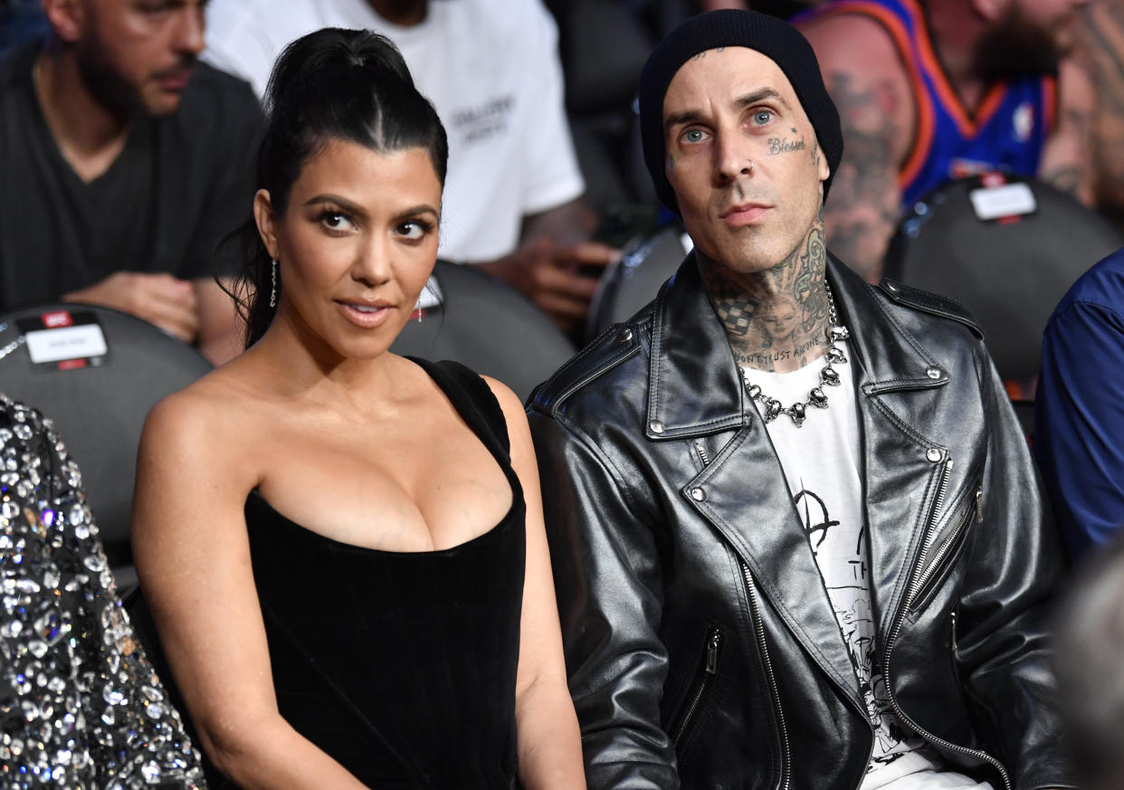 LAS VEGAS, NEVADA - JULY 10: Kourtney Kardashian and Travis Barker are seen in attendance during the UFC 264 event at T-Mobile Arena on July 10, 2021 in Las Vegas, Nevada. (Photo by Jeff Bottari/Zuffa LLC)