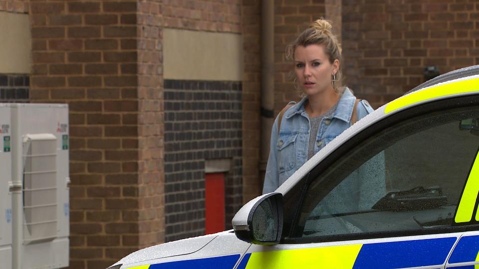 <p>She heads to the police station.</p>