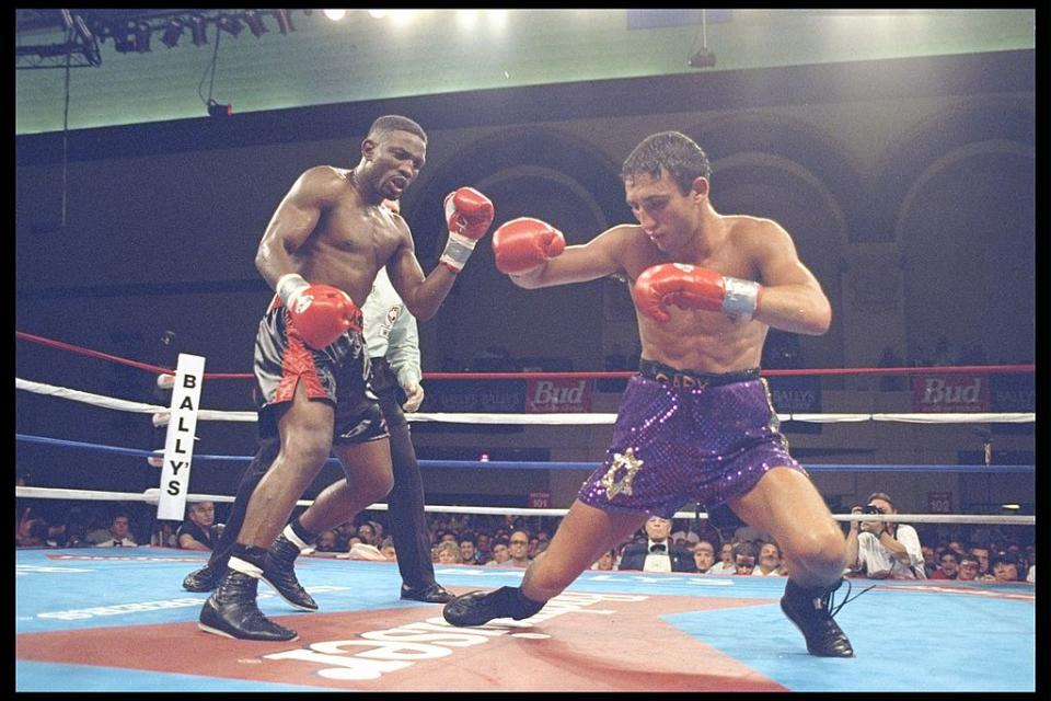 26 Aug 1995: Pernell Whitaker knock down Gary Jacobs during a fight in Atlantic City, New Jersey. Whitaker won the fight. Mandatory Credit: Simon Bruty /Allsport