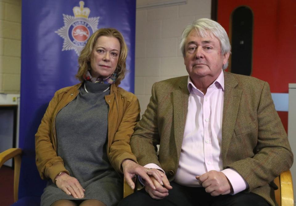 Susan and Stephen Morris from Surrey whose house was raided by an armed burglar in October 2017, at a press conference at Surrey Police's Headquarters in Guildford. (PA)