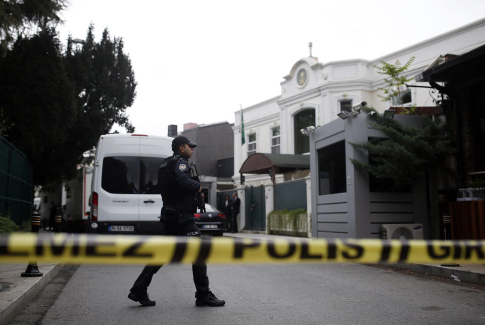 Turkish police outside the residence of the Saudi consul General Mohammed al-Otaibi to conduct a search after the disappearance and alleged slaying of writer Jamal Khashoggi, in Istanbul, Wednesday, Oct. 17, 2018. A pro-government Turkish newspaper on Wednesday published a gruesome recounting of the alleged slaying of Saudi writer Jamal Khashoggi at the Saudi Consulate in Istanbul, just as America's top diplomat arrived in the country for talks over the Washington Post columnist's disappearance. (AP Photo/Emrah Gurel)