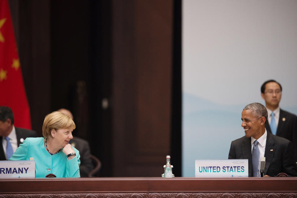 Merkel (L) chats with Obama during the opening ceremony of the G20 Leaders Summit on Sept. 4 in Hangzhou, China.