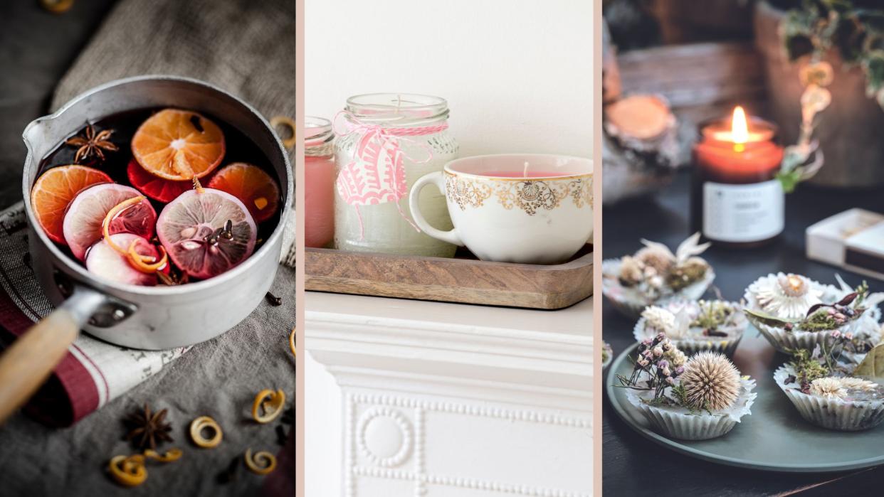  Compilation of ideas for how to make your house smell good with a saucepan of mulled wine, homemade candles in teacups and  natural firelighters . 