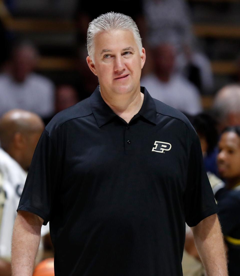Purdue men’s basketball head coach Matt Painter smiles towards the stands during the alumni game and intrasquad scrimmage, Saturday, Aug. 5, 2023, at Mackey Arena in West Lafayette, Ind. 