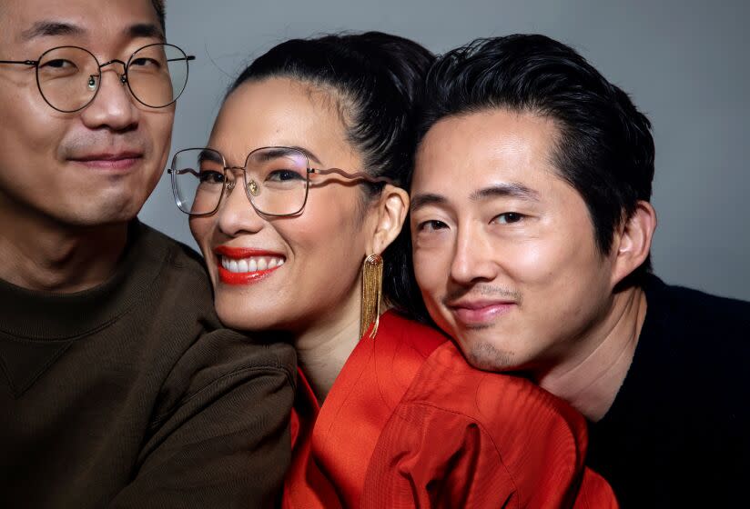 WEST HOLLYWOOD-CA-MARCH 29, 2023: 'Beef' creator Lee Sung Jin, left, with actors Ali Wong, center, and Steven Yeun, right, are photographed at The London Hotel in West Hollywood on March 29, 2023. (Christina House / Los Angeles Times)