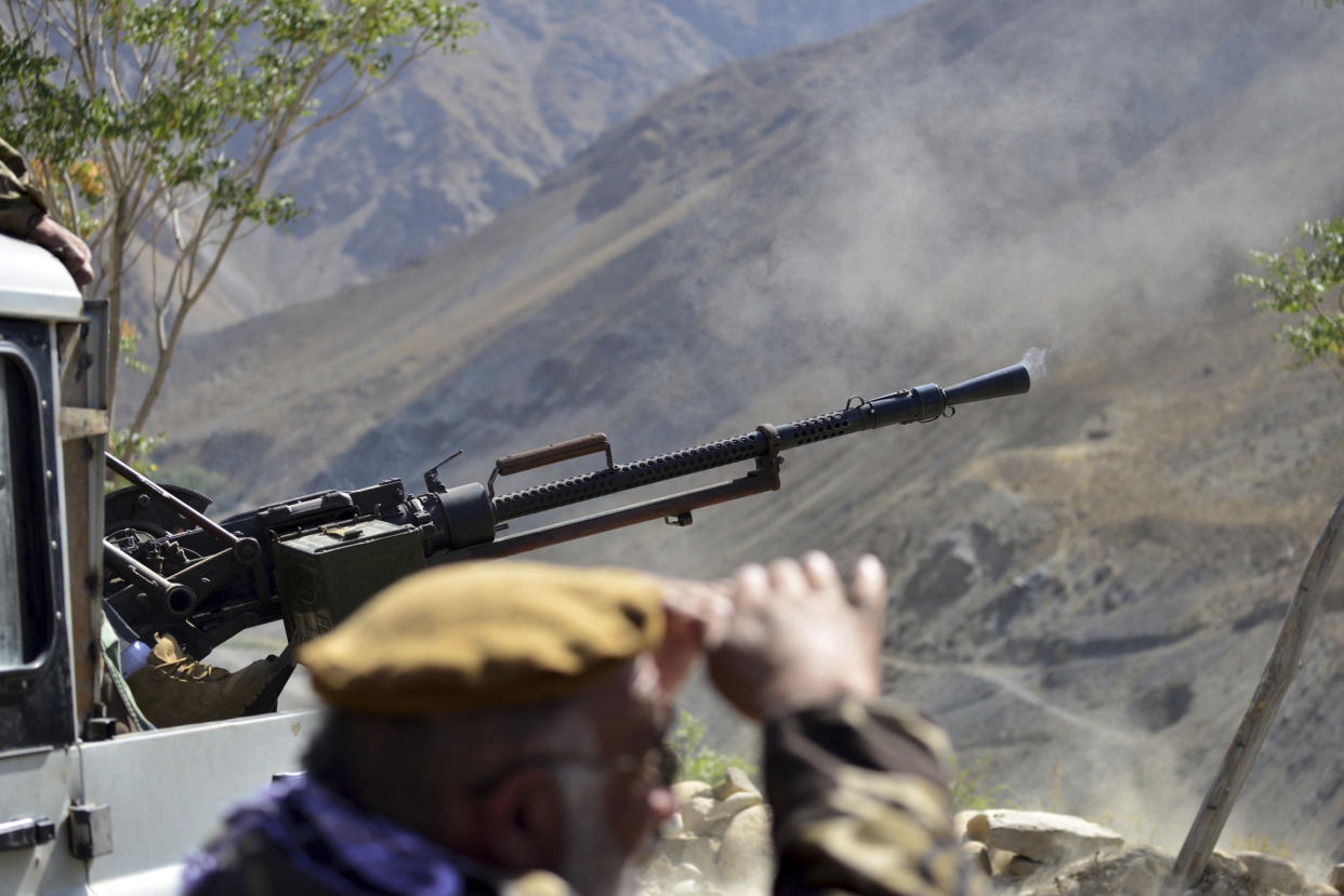 Militiamen loyal to Ahmad Massoud, son of the late Ahmad Shah Massoud, take part in a training exercise, in Panjshir province, northeastern Afghanistan, Monday, Aug. 30, 2021. The Panjshir Valley is the last region not under Taliban control following their stunning blitz across Afghanistan. Local fighters held off the Soviets in the 1980s and the Taliban a decade later under the leadership of Ahmad Shah Massoud, a guerrilla fighter who attained near-mythic status before he was killed in a suicide bombing in 2001. (AP Photo/Jalaluddin Sekandar)