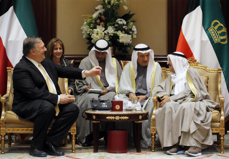 U.S. Secretary of State Mike Pompeo meets with Kuwait's Emir Sheikh Sabah Al-Ahmad Al- Jaber Al-Sabah in Kuwait City, Kuwait, Wednesday, March 20, 2019. (Jim Young/Pool Photo via AP)