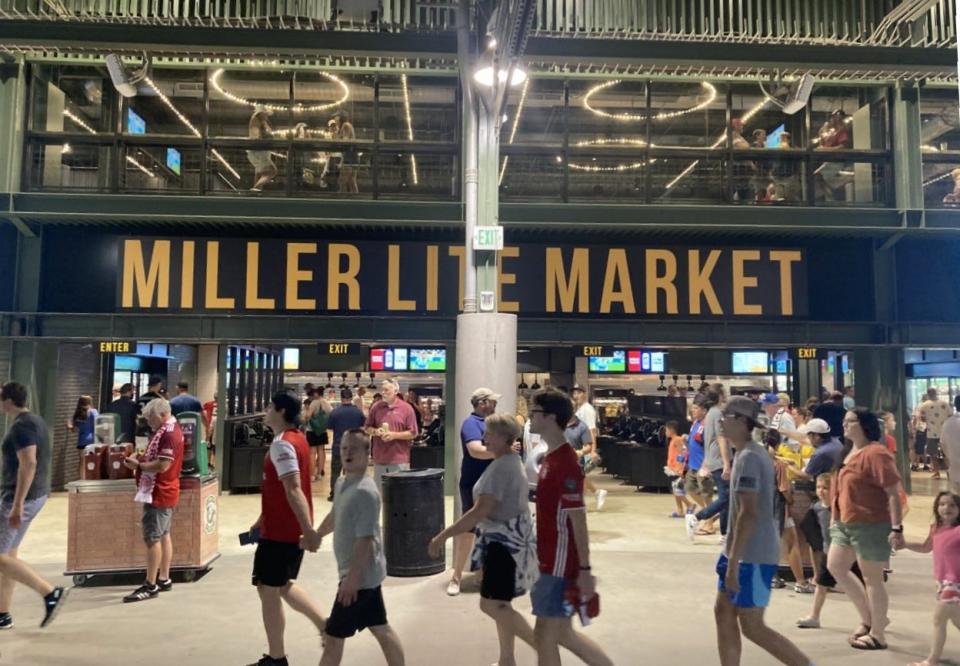 The new Miller Lite End Zone Bar is above the Miller Lite Market concessions stand near seating section 100 in the Lambeau Field concourse. Photo taken July 23, 2022.