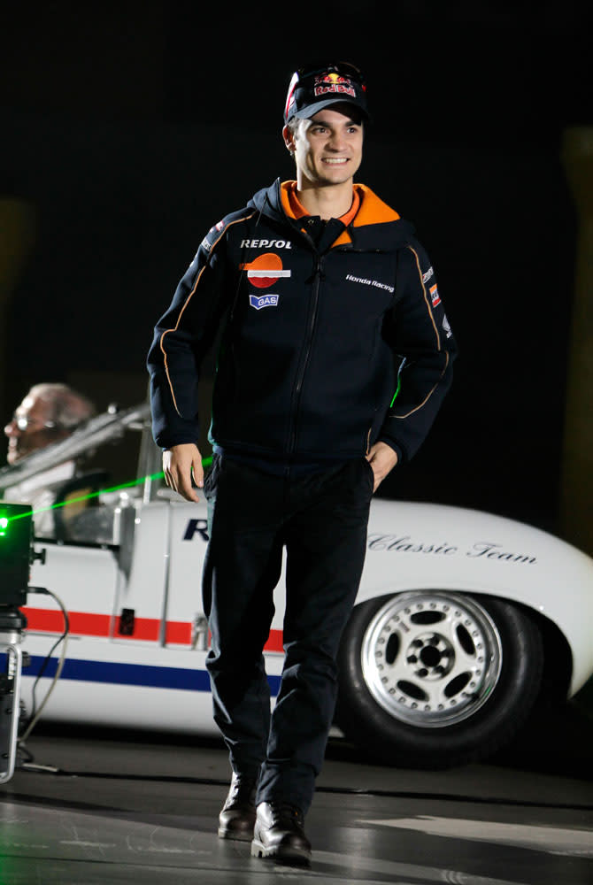 MotoGP rider Dani Pedrosa arrives to the presentation of the Repsol Honda Moto GP Team at the 'Palacio de los Deportes' in Madrid, Spain on Saturday, March 3, 2012.