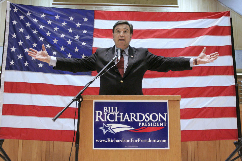 FILE - Then Democratic presidential hopeful New Mexico Gov. Bill Richardson addresses an audience during a campaign stop on the campus of Phillips Exeter Academy, in Exeter, N.H., Jan. 7, 2008. (AP Photo/Steven Senne, File)