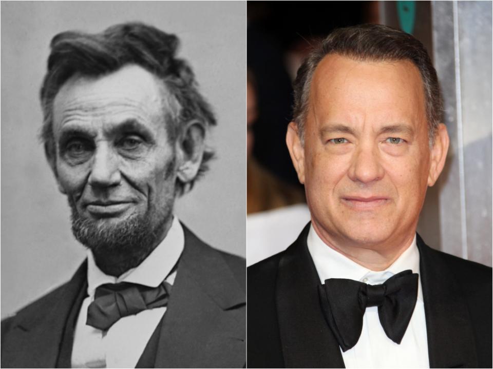 Side by side of black and white portrait of Lincoln slightly smiling in a suit and bowtie next to Hanks slightly smiling in a suit and bowtie.