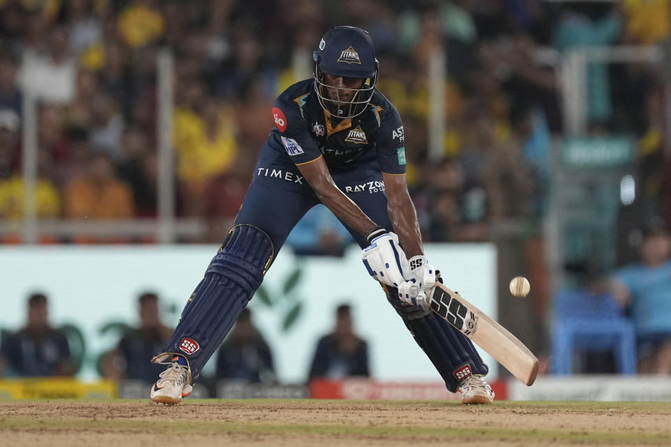 Gujarat Titans' Sai Sudharsan plays a shot during the Indian Premier League final cricket match between Chennai Super Kings and Gujarat Titans in Ahmedabad, India, Monday, May 29, 2023. (AP Photo/Ajit Solanki)