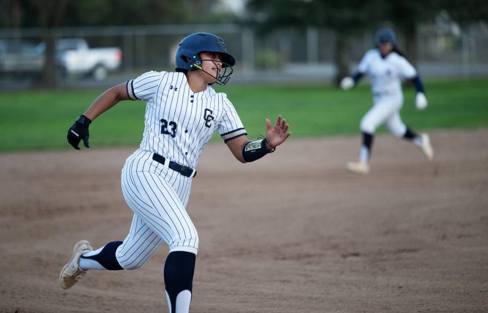 Central Catholic’s Miranda Temple scores on a triple by teammate Jazmarie Roberts during the game with Beyer at Rainbow Fields in Modesto, Calif., Tuesday, March 5, 2024.