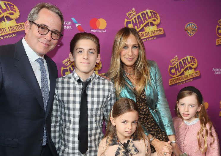 Matthew Broderick and Sarah Jessica Parker with their kids, James Wilkie and twins Tabitha and Loretta, at the opening night of the musical <em>Charlie and the Chocolate Factory</em> on April 23. (Photo: Bruce Glikas/Bruce Glikas/FilmMagic)