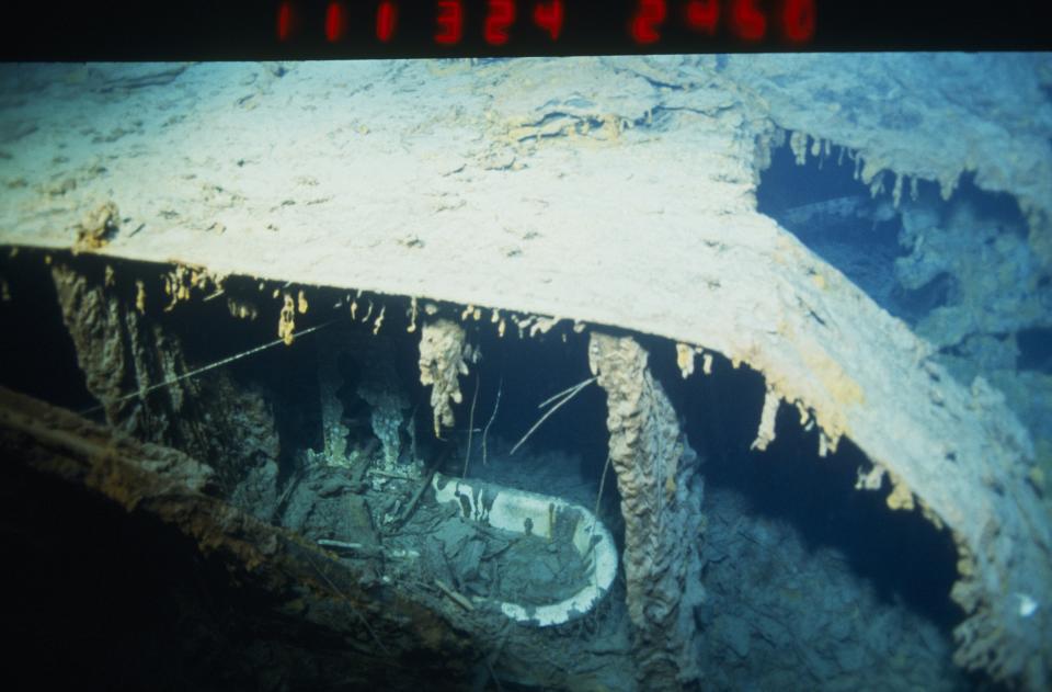 A bathtub, part of one of ship's cabins, photographed on the Atlantic Ocean seabed in 1996. | Xavier DESMIER—Gamma-Rapho via Getty Images