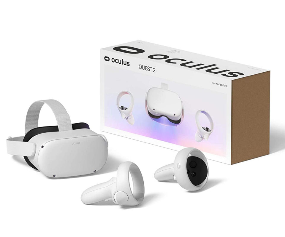 Occulus VR Quest 2 headset box in white with the white headset out of the box on the front on a white background.