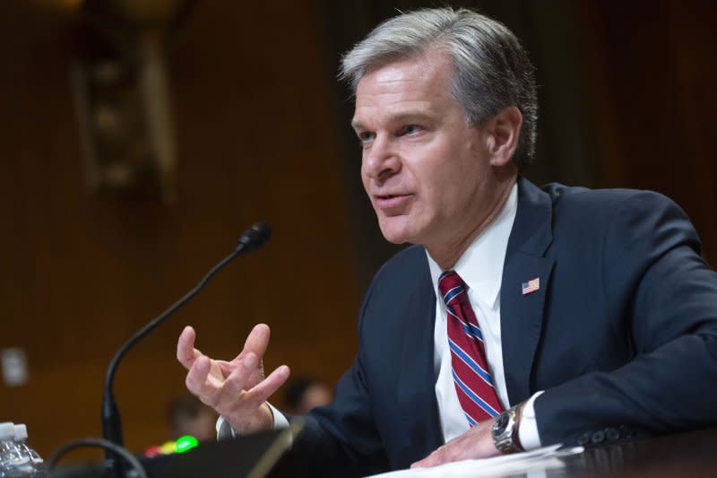 FBI Director Christopher Wray (pictured in a Senate Appropriations Subcommittee hearing at the U.S. Capitol in Washington, D.C., in 2022) said the "coordinated disruption of Hive's computer networks" come after months of investigative work. The State Department now is offering a $10 million reward for information leading authorities to the people behind the Hive ransomware variant. File Photo by Bonnie Cash/UPI