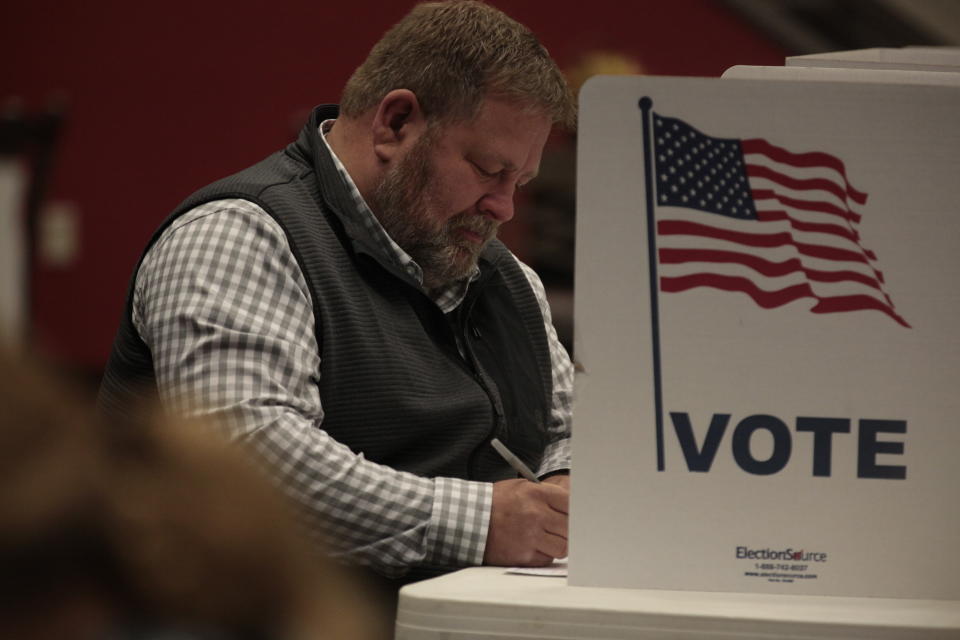 South Dakota Rep. Jamie Smith, who is running for governor as a Democrat, votes Tuesday in Sioux Falls. S.D. (AP Photo/Stephen Groves)