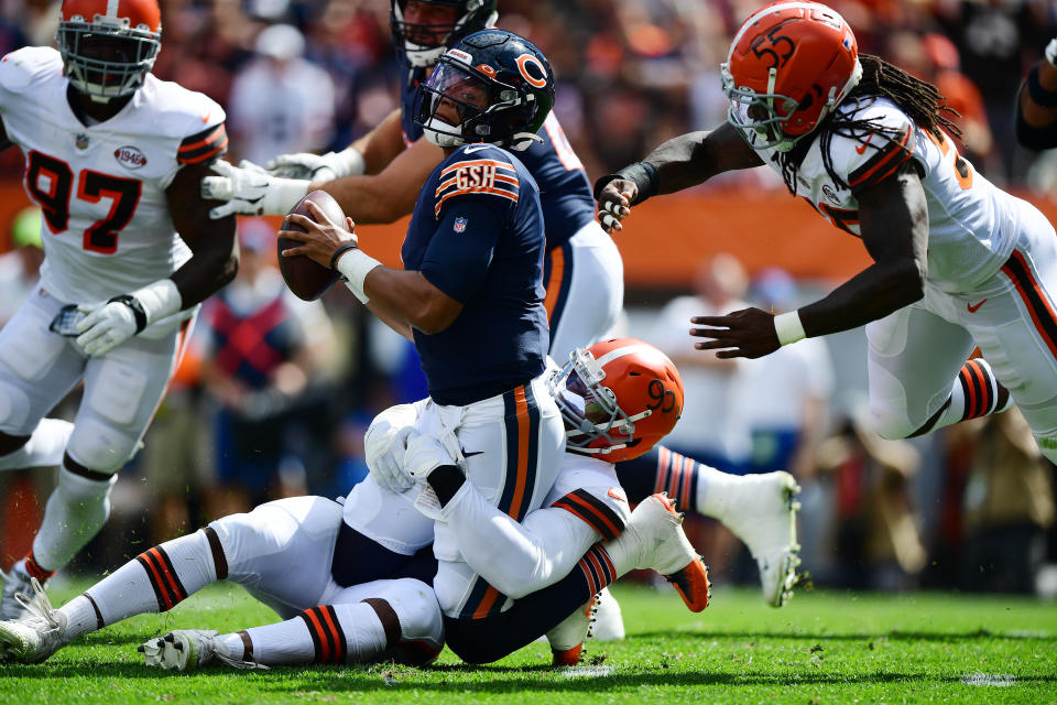 Bears quarterback Justin Fields was under constant pressure in a rough first NFL start. (Photo by Emilee Chinn/Getty Images)