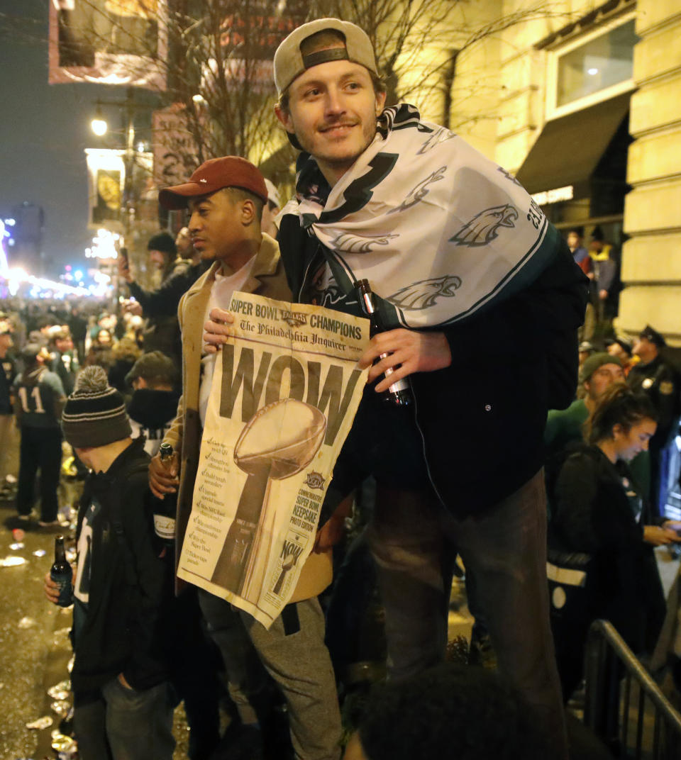 <p>Philadelphia Eagles fans celebrate the team’s victory in NFL Super Bowl 52 between the Philadelphia Eagles and the New England Patriots, Monday, Feb. 5, 2018, in downtown Philadelphia. (AP Photo/Matt Rourke) </p>