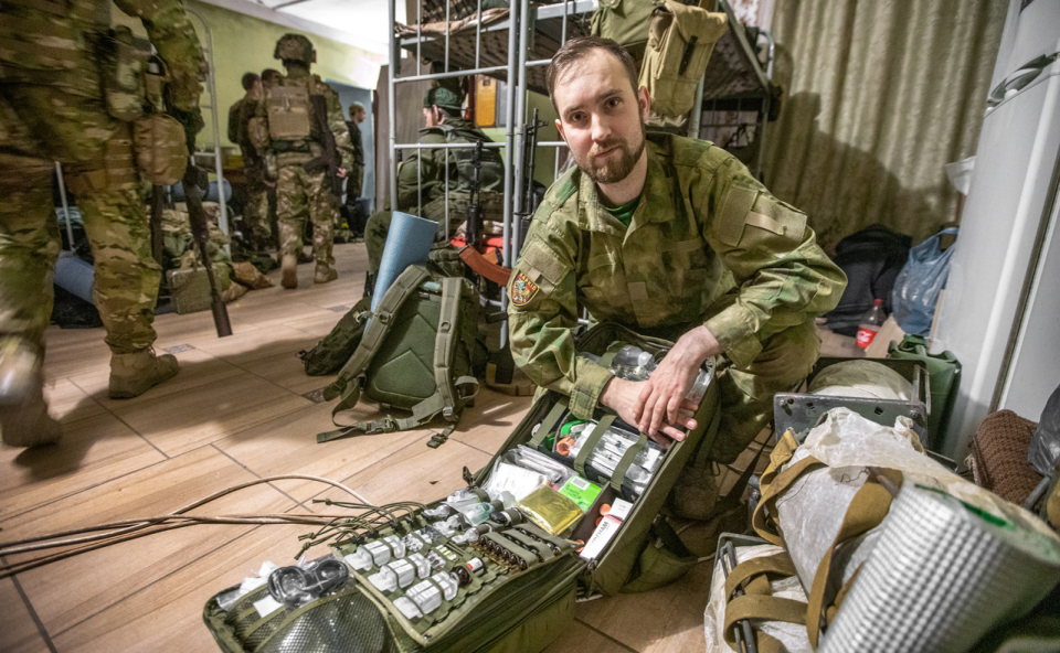 Maksym, a combat medic, says that at the moment he's mostly dealing with shrapnel wounds <span class="copyright">Oleksandr Medvedev</span>