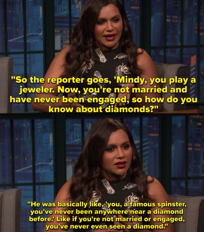 Mindy Kaling, wearing a black dress with silver feathers on it, recounts an encounter with a sexist reporter during a press conference