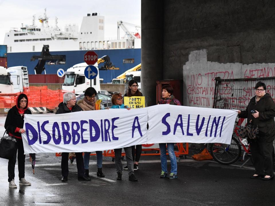 Italian unions have refused to load two electricity generators onto a Saudi Arabian ship, to protest against the middle eastern country's role in the Yemen war. The Bahri-Yanbu ship loaded arms in Antwerp earlier this month before pulling into port in Genoa.Unions in the northern Italian city initially lobbied to have the vessel banned, but their efforts failed and the Bahri-Yanbu docked there earlier this week. It was met by protesters. One carried a sign which read “no to war”.Union workers then refused to load the generators.“We will not be complicit in what is happening in Yemen,” the group’s leaders said in a statement. The workers said that although the generators were marked for civilian use, there was a risk they would instead be redirected to Yemen.Port officials said non-critical goods were loaded but the generators were left on the quay.At least 6,872 people are believed to have died in the Saudi-led war in Yemen, which began in 2015. A further 10,768 civilians have been wounded. Most of the casualties were killed or injured in Saudi-led airstrikes, prompting international condemnation.The war has also left much of the surviving population on the brink of famine.The Bahri-Yanbu was also met with a hostile reception in France in early May when it docked in the Normandy port of Le Havre. The vessel left without a cargo of weapons on 9 May, after a rights group ACAT tried to block the cargo on humanitarian grounds.The group argued in a legal challenge that the consignment should be halted, as it contravened a United Nations treaty.Although a judge threw out the case the ship left shortly afterwards without the cargo.The Bahri-Yanbu has now left Italy and is en route to Jeddah, in Saudi Arabia.Additional reporting by agencies
