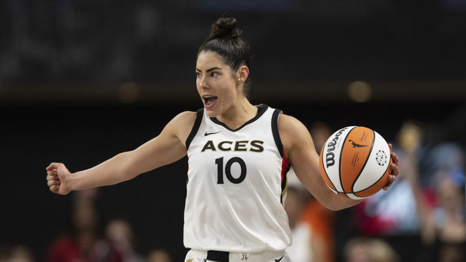 Las Vegas Aces guard Kelsey Plum (10) during a WNBA basketball game against the Atlanta Dream, Friday, June 2, 2023, in College Park, Ga. (AP Photo/Danny Karnik)