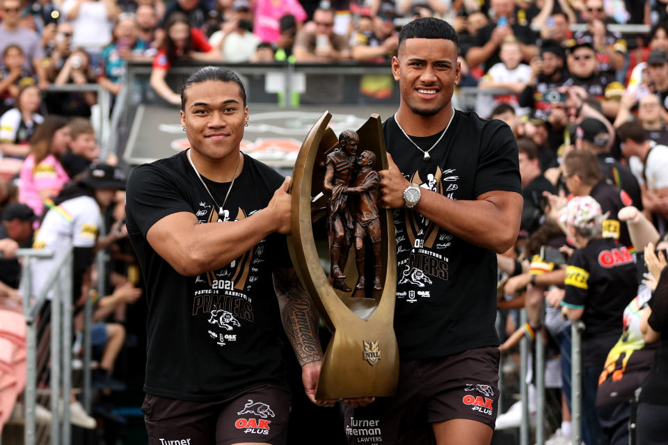 Stephen Crichton and Brian To'o, pictured here at the Panthers' grand final parade in November.